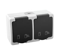 Doppia presa S-superficie IP54, ideale per ambienti esigenti. Design elegante e resistente all'acqua e alla polvere, perfetto per interni ed esterni. Connettiti senza preoccupazioni.