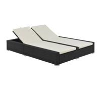Doppia sedia a sdraio in polyrattan nero con schienale regolabile e cuscino rimovibile, lettino da giardino resistente alle intemperie, per terrazza, balcone, piscina, comodo lettino relax con