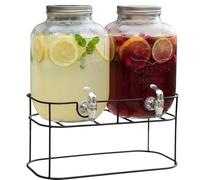 Doppio Dispenser Bevande con Rubinetto in Vetro da 5 Litri Ciascuno con unico Supporto Stand in Metallo Nero L35xP16xH17.5cm Distributore per Limonata Succhi e Cocktail Feste e Catering