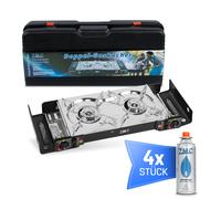 Doppio Fornello A Cartuccia 2 Fiamme Outdoor Gas Camping + 4x Cartucce Di Gas