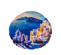 Doppio impermeabileCuffia da a da bagno Grecia Isola Oceano Cielo Casa Edificio città Riutilizzabile Moda Cappello da a per donna Bellezza, BathHair Spa, Home Hotel Travel Use