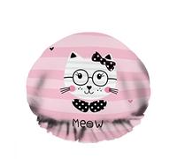 Doppio impermeabileCuffia da a da bagno Pink Cute Cat Meow Happy Bowknot Bow Beared Riutilizzabile Fashion Shower Hat For Women Beauty, BathHair Spa, Home Hotel Travel Use