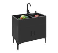 Doppio lavello con mobiletto in bambù e acciaio inox, autoportante, con rubinetto orientabile e cestello scolapiatti, 2 grandi vasche per cucina, lavanderia e garage (75 x 41 x 78 cm)