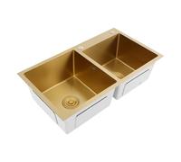 Doppio lavello in acciaio inox, 80 x 50 cm, lavello da cucina, con 2 vasche con sifone, set di lavello da incasso, lavello quadrato con scolapiatti, set in acciaio inox, colore oro