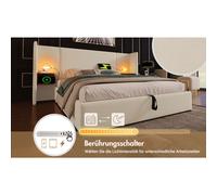 Doppio Letto Polster 180x200 con Struttura in Legno e Metallo Dimmerabile con Porta USB Type-C e Lampada da Lettura Beige