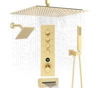Doppio sistema doccia con beccuccio a cascata, rubinetti doccia a corpo intero in oro spazzolato, set con pioggia da 30,5 cm + soffione inclinabile da 15,2 cm e valvola deviatrice digitale temostatica