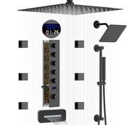 Doppio sistema doccia da 30,5 cm e 20,3 cm con doccetta portatile, 6 getti e beccuccio a cascata, valvola di visualizzazione della temperatura a 5 vie, finitura nera opaca, barra scorrevole inclusa