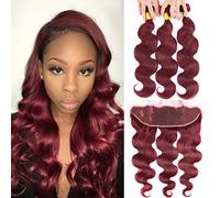 Dorabeauty 3 fasci di capelli umani brasiliani bordeaux con pizzo frontale ondulato 33 × 10 cm, #99J, rosso vino, con capelli di bambino 40,6 cm + 45,7 cm, 50,8 cm, 55,9 cm