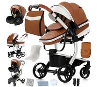 Doraystar Pelle PU Passeggino 3 in 1, Passeggino Trio con Due Modalità di Spinta Reversibile, Passeggino Neonati con Design Pieghevole in Un Clic, Trio Neonato Grande Nacelle Comoda (B518 Khaki)