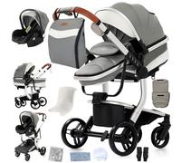 Doraystar Pelle PU Passeggino 3 in 1, Passeggino Trio con Due Modalità di Spinta Reversibile, Passeggino Neonati con Design Pieghevole in Un Clic, Trio Neonato Grande Nacelle Comoda (B518 Grey)