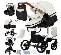 Doraystar Pelle PU Passeggino 3 in 1, Passeggino Trio con Due Modalità di Spinta Reversibile, Passeggino Neonati con Design Pieghevole in Un Clic, Trio Neonato Grande Nacelle Comoda (B518 White)