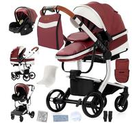 Doraystar Pelle PU Passeggino 3 in 1, Passeggino Trio con Due Modalità di Spinta Reversibile, Passeggino Neonati con Design Pieghevole in Un Clic, Trio Neonato Grande Nacelle Comoda (B518 Red)