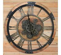 DORBOKER 68cm Orologio da Parete Grande Legno Massiccio con Ruota Dentata Mobile Senza Ticchettio Silenzioso Vintage Retrò Industriale Decorativo per Soggiorno, Cucina, Ufficio, Sbarra (Marrone)