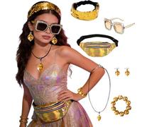 Dorclife Set da 6 pezzi per costume da discoteca anni '70, fascia con paillettes, orecchini, collana, braccialetto e marsupio, per feste a tema anni '70, compleanno, danza, discoteca, travestimento