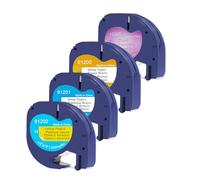 DOREE (Pack 4) Nastro 12 mm x 4 m, compatibile con etichette LetraTag 12267, 91200, 91201, 91202, Trasparente, Bianco, Giallo. Compatibile con Dymo LetraTag LT-100T, LT-100H Plus, LT-2000.