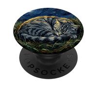 Dormire grigio tabby su una notte al chiaro di luna opera d'arte PopSockets PopGrip Adesivo