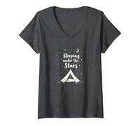 Dormire sotto Le Stelle: Accogliente Avventura in Campeggio Maglietta con Collo a V, Donna, Grigio Scuro, XXL