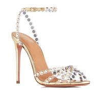 d'oro,36 EU,Décolleté con Cinturino Posteriore per Donna, Sandali con Tacco in PVC con Strass, Cinturino alla Caviglia, Tacchi a Spillo Alti, Scarpe Aperte per Feste e Abiti da Sposa