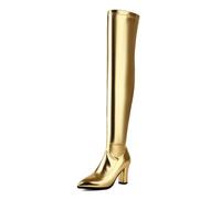 d'oro,40 EU,Stivali Alti Fino alla Coscia da Donna, Comodi, a Punta, con Tacco Spesso e Largo, sopra Il Ginocchio, con Cerniera Laterale, Scarpe Eleganti da Ballo e da Festa