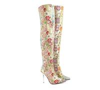 d'oro,43 EU,Stivali Alti Fino alla Coscia da Donna, con Punta affilata, Tacchi a Spillo, Stivali sopra Il Ginocchio, alla Moda, con Ricami, Cerniera Posteriore, Scarpe Eleganti da Festa