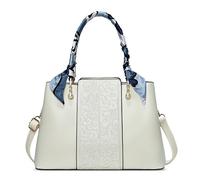 DORRISO Moda Borse a Mano Donna Elegante Borsa a Tracolla con Foulard di Seta Borsa Manico Superiore Multitasche con Ciondolo Viaggio Festa Impermeabile PU Pelle Bianco