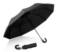 DORRISO Uomo Automatico Pieghevole Ombrello Manico Imitazione Legno Rinforzate Grande Compatto Durevole Antivento Prova di Neve Viaggio Affari Comodo Automatico Ombrello J-handle Nero