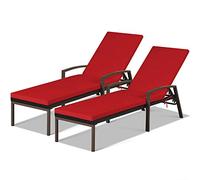 DORTALA Set di 2 chaise longue da esterni, in rattan, con schienale regolabile e braccioli, per spiaggia, piscina, cortile, sdraio in rattan con cuscino imbottito, rosso