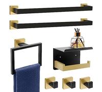 Dorudon atrox Set di accessori da bagno da 7 pezzi - accessori da bagno nero e oro set di barre portasciugamani quadrato 2 x 58 cm, 1 portasciugamani 1 porta carta igienica, 3 ganci per asciugamani.