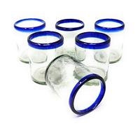Dos Sueños Bicchieri messicani soffiati a mano, set di 6 bicchieri tumbler con bordi blu cobalto (10 once ciascuno)