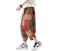 DOSLAVIDA Pantaloni da uomo Casual Elastico in Vita Lino Capri Gamba Larga Larga Larga Cotone Harem Yoga Pantaloni Allentati Patchwork Pantaloncini, B-rosso, XS