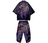 Doslavida - Set cardigan kimono giapponese da uomo, stile cinese, stampato, giacca e pantaloni, aperto sul davanti, a sette maniche, L