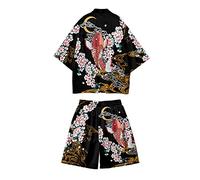 Doslavida - Set cardigan kimono giapponese da uomo, stile cinese, stampato, giacca e pantaloni, aperto sul davanti, a sette maniche, L