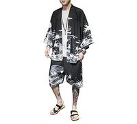Doslavida - Set cardigan kimono giapponese da uomo, stile cinese, stampato, giacca e pantaloni, aperto sul davanti, a sette maniche, Nero 4, L