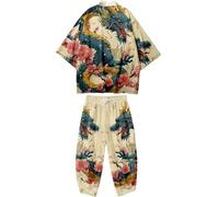 Doslavida - Set cardigan kimono giapponese da uomo, stile cinese, stampato, giacca e pantaloni, aperto sul davanti, a sette maniche, XXXL