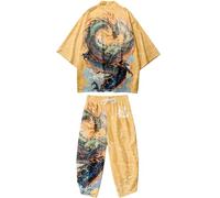 Doslavida - Set cardigan kimono giapponese da uomo, stile cinese, stampato, giacca e pantaloni, aperto sul davanti, a sette maniche, XL