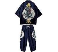 Doslavida - Set cardigan kimono giapponese da uomo, stile cinese, stampato, giacca e pantaloni, aperto sul davanti, a sette maniche, L