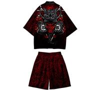 Doslavida - Set cardigan kimono giapponese da uomo, stile cinese, stampato, giacca e pantaloni, aperto sul davanti, a sette maniche, L