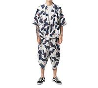 Doslavida - Set cardigan kimono giapponese da uomo, stile cinese, stampato, giacca e pantaloni, aperto sul davanti, a sette maniche, L