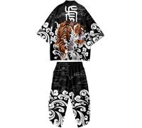 Doslavida - Set cardigan kimono giapponese da uomo, stile cinese, stampato, giacca e pantaloni, aperto sul davanti, a sette maniche, M