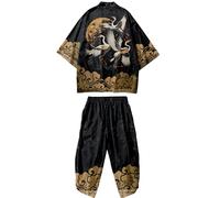 Doslavida - Set cardigan kimono giapponese da uomo, stile cinese, stampato, giacca e pantaloni, aperto sul davanti, a sette maniche, XL