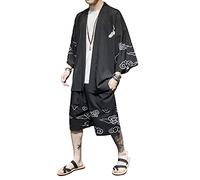 Doslavida - Set cardigan kimono giapponese da uomo, stile cinese, stampato, giacca e pantaloni, aperto sul davanti, a sette maniche, M