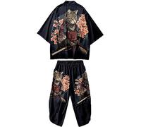 Doslavida - Set cardigan kimono giapponese da uomo, stile cinese, stampato, giacca e pantaloni, aperto sul davanti, a sette maniche, L