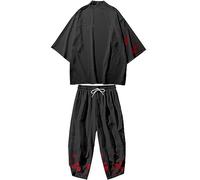 Doslavida - Set cardigan kimono giapponese da uomo, stile cinese, stampato, giacca e pantaloni, aperto sul davanti, a sette maniche, M