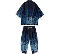 Doslavida - Set cardigan kimono giapponese da uomo, stile cinese, stampato, giacca e pantaloni, aperto sul davanti, a sette maniche, L