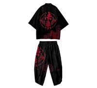 DOSLAVIDA Set giacca kimono giapponese da uomo elegante cappotto aperto davanti con pantaloncini stile cinese stampato cardigan vestito, Nero e rosso, Large