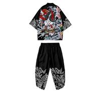 DOSLAVIDA Set giacca kimono giapponese da uomo elegante cappotto aperto davanti con pantaloncini stile cinese stampato cardigan vestito, Nero, Bianco, X-Large