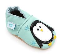 Dotty Fish Scarpine in Pelle Prima Infanzia. Scarpe Bimbi per Primi Passi con Suola Scamosciata. Blu Pallido con Pinguino. 2-3 Anni (25 EU)