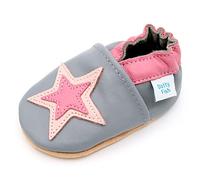 Dotty Fish Scarpine in Pelle Prima Infanzia. Scarpe Bimbi per Primi Passi con Suola Scamosciata. Grigio con Stella Rosa. 0-6 Mesi (17 EU)