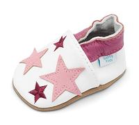 Dotty Fish Scarpe in Pelle Morbide per Bambini e Toddler - Piedi Nudi, Antiscivolo, Leggere e Flessibili, Caviglie Elastiche - Unisex Bambini e Bambine - Bianco con Stelle Rosa 6-12 Mesi