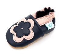 Dotty Fish Scarpine in Pelle Prima Infanzia. Scarpe Bimbi per Primi Passi con Suola Scamosciata. Fiore Blu Navy e Rosa. 12-18 Mesi (21 EU)